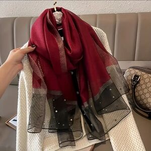 Scarf Elegant Wine Red with Black Edge Pearl-Embellished with Gold Accent